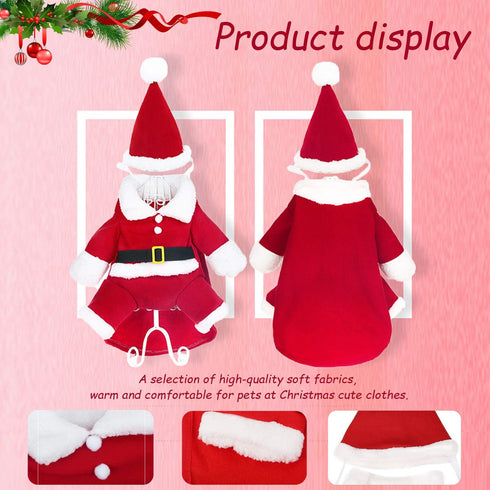 QETRABONE Small Santa Dog Cat Costume, Xmas Party Outfit, Red Santa Claus Hat & Scarf, X-Large