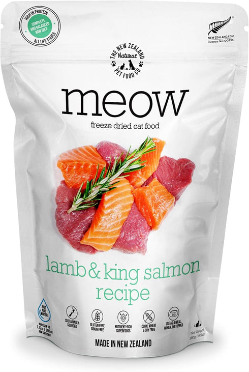 Meow Freeze Dried Cat Food, High Protein Lamb & King Salmon Recipe, Meals & Toppers, Dry Cat Food, 9.9oz