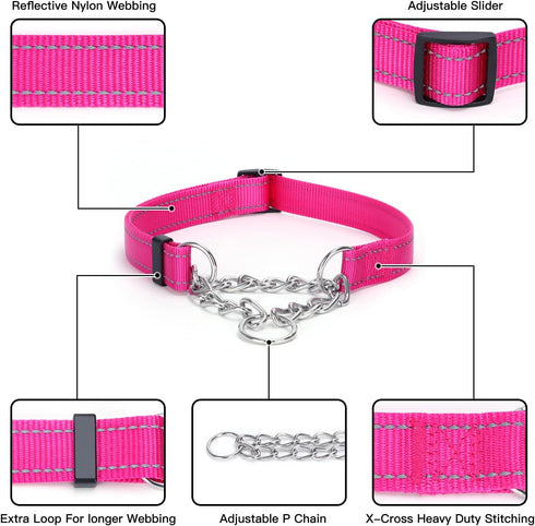 Martingale Dog Collar with Stainless Steel Chain, Reflective Adjustable Collar for Medium Large Dogs (S, Pink)