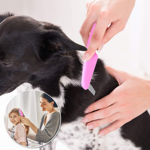 Flea Comb for Dogs & Cats, 5 Pieces Grooming Set with Metal Teeth and Storage Pouch (Pink)
