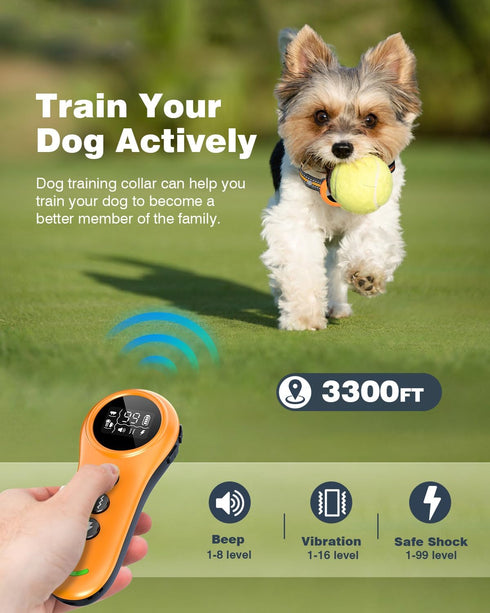 2-in-1 Smart Dog Shock Collar & Bark Collar with 3300FT Remote, IP67 Waterproof (Orange)