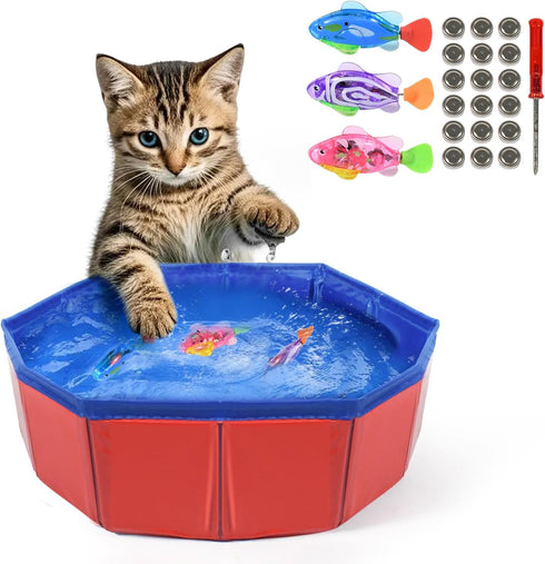 Cat Pool with Fish, LED Automatic Robi Fish Cat Pool Toy, 3