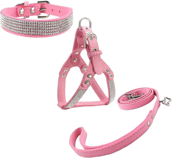 Fashion Dog Collar Set - Pink - Comfortable Soft Collar, Harness & Leashes for Dogs, Diamante Design, Size S