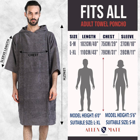 100% ALLEN & MATE Cotton Hooded Surf Poncho Changing Robe - Oversized Absorbent Pool & Beach Towel Swim Robe for Men