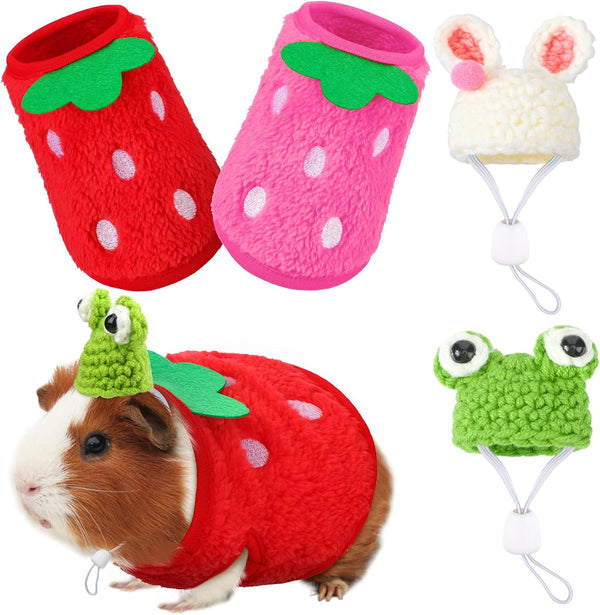 Mixweer 4 Pieces Guinea Pig Stuff, 2 Clothes and 2 Mini Hats with Adjustable Strap, Warm Vest for Guinea Pig, Hamster,