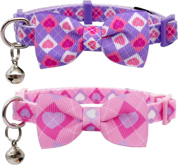 azuza 2 Pack Valentine's Day Cat Collar with Bell, Breakaway Collars with Cute Bowtie, Adjustable from 8"-12" (Cute