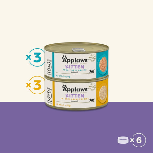 Applaws Natural Wet Cat Food, 6 Count, Limited Ingredient, Chicken Breast and Tuna Fillet, 2.47oz Cans
