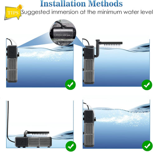 AQQA Aquarium Filter, Submersible Power Fish Tank Filter with Rainwater Aerator, Adjustable Water Flow Design, Ultra