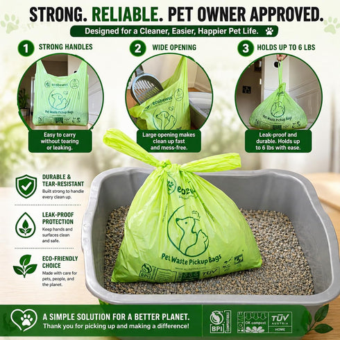 100% (140 (140 Compostable Pet Waste Disposal Bag ct.) Plant-Based Biodegradable Cat Litter Poop Waste Pick-Up Bags