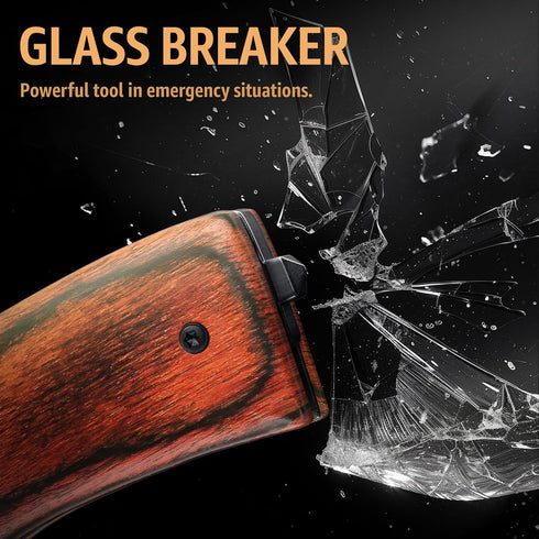 Spring Assisted Tactical Pocket Knife, 3.66" Sharp Blade with Wood Handle, Glass Breaker & Clip for EDC Camping