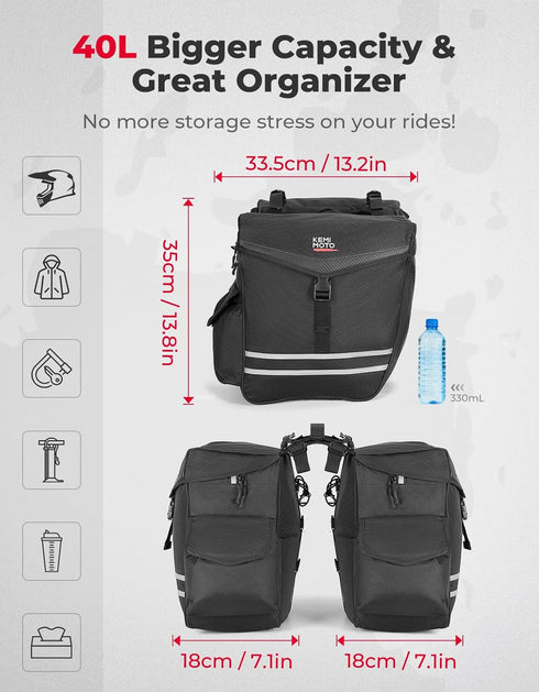 KEMIMOTO 40L Bike Panniers Bag for Rear Rack, Waterproof with Rain Cover, Black