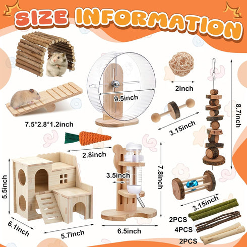 Sonwyoung 18 15 Set, Set Pcs Hamster Cage Accessories, Silent Hamster Wheel, Chew Toys Maze Wood House and Water Bottle