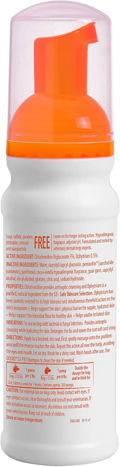 Douxo S3 Pyo Mousse, 3% Chlorhexidine & 0.5% Ophytrium, Antiseptic & Hydrating for Bacterial or Yeast Skin Infections,