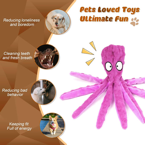3 Pack Dog Toys for Small Medium Large Dogs - No Stuffing Crinkle Plush Chew Toys for Aggressive Chewers (Octopus)