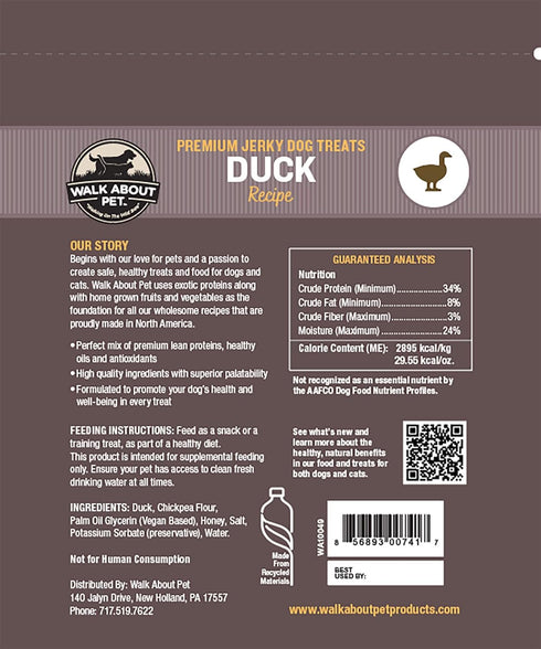 WA10049, Dog Jerky Treats, Grain-Free, Gluten-Free, Single Source Protein, Duck Recipe, Resealable Pouch, 5.5 Ounces