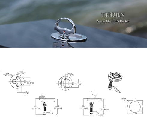 Thorn Stainless Steel Marine Hatch Pull, Boat Cam Latch with Back Plate