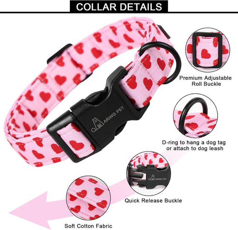 ARING PET Valentine's Day Dog Collar, Cute Cotton Heart Adjustable Pink Collar for Girl Puppy with Quick Release Buckle