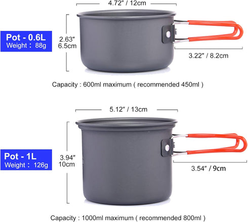 widesea 8PCS Camping Cookware Mess Kit, Lightweight Backpacking Outdoor Set with Pot, Pan, and Tableware