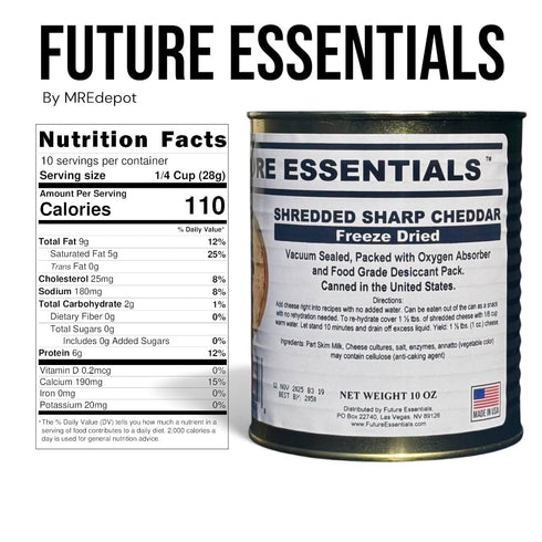 10 Oz (25-Year Pack 1 Future Essentials Freeze Dried Shredded Sharp Cheddar Cheese Per Can Shelf-Stable, Long-Term