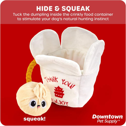 Downtown Pet Supply - Durable Plush Asian Takeout Squeaky Dog Toy - Crinkle & Rope Toy - 1 Pack for All Dogs
