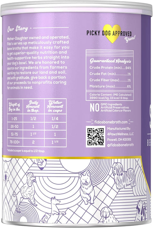 Fido's Simply Bone Broth for Dogs - Grass-Fed Beef Bone Broth Powder - 60 Scoops - Supports Joints + Gut Health