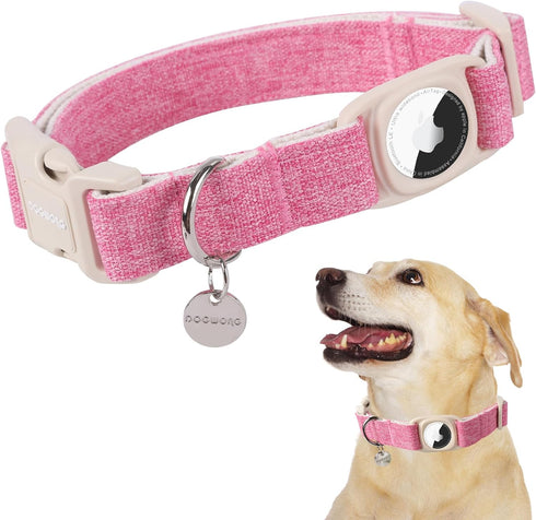 DOGWONG Airtag Cotton Hemp Dog Collar, Heavy-Duty Adjustable Pink Collar with Airtag Holder for Small Medium Large Dogs