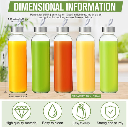 Vesici 12 Set 18 oz Clear Glass Water Bottles, Reusable Juicing Bottles with Protection Sleeve and Lids
