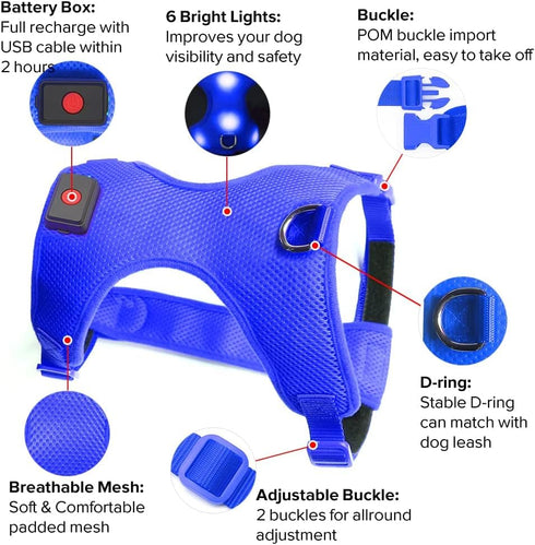 Flashseen LED Dog Harness - Lighted USB Rechargeable Pet Harness for Small, Medium, Large Dogs (Blue, L)