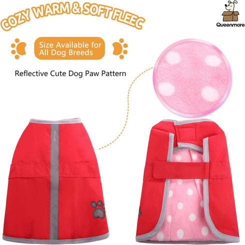 Queenmore Reversible Winter Fleece Dog Coats, Waterproof Pet Jacket for Cold Weather, Available in Sizes XS to XL