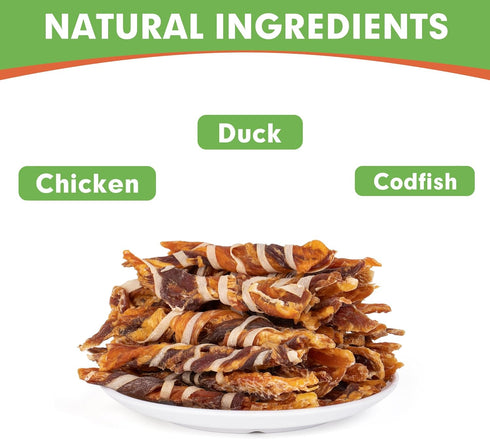 MON2SUN 4.5-5 Inch 10.58 oz (30 Count-Pack 1) Dog Treats, Triple Flavor Jerky Twist Sticks, Chicken Duck and Codfish