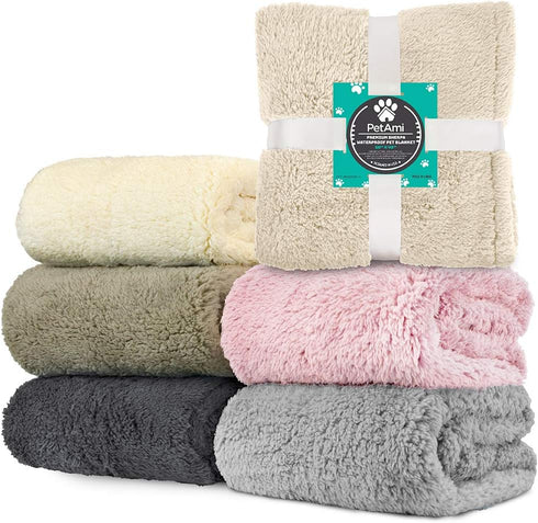 PetAmi Fluffy Waterproof Dog Blanket for Large Dogs - Soft Warm Sherpa Throw, Reversible Cat Blanket, Washable (Beige