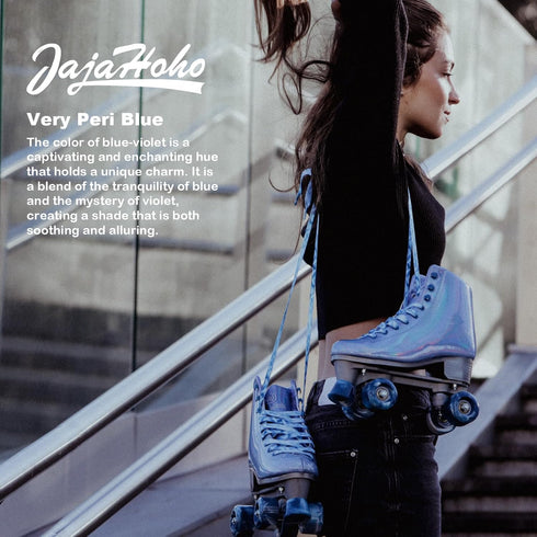 8-51 JajaHoho Roller Skates for Women, Very Peri Blue Holographic High Top Faux Leather Rollerskates, Shiny Double-Row