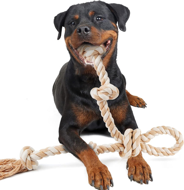 Fida Large Dog Rope Toys for Aggressive Chewers, 29" Indestructible Tug of War Toy with 3 Knots and Handle, Natural
