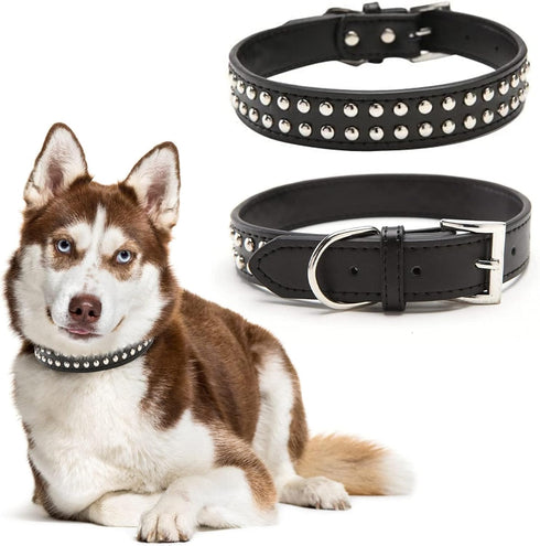 BINGPET Adjustable Leather Dog Collar, Real Split PU Leather, Studded Pet Collar for Small Medium Large Dogs