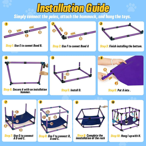 Bullro 8 Hammock Purple Puppy Play Gym with Hanging Toys, Dog Jungle Gym Indoor with and Funny Enrichment Toys, PVC