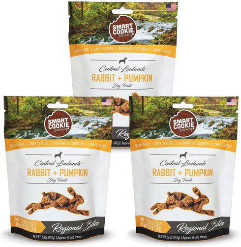 Smart Cookie All Natural Dog Treats - Rabbit & Pumpkin - Soft Training Treats for Dogs with Allergies, 5oz, Pack of 3
