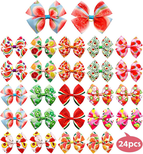 24Pcs/12 4" Summer Pairs Big Dog Hair Bows Fruit for Large Breed Dogs Elastic Hair Bowknot Topknot Girl Female Puppy
