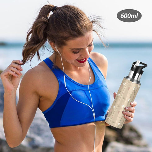 Wassud 32 oz Water Bottle Warm Beige Floral Stainless Steel Sport Water Bottle with Straw Insulated Water Bottles