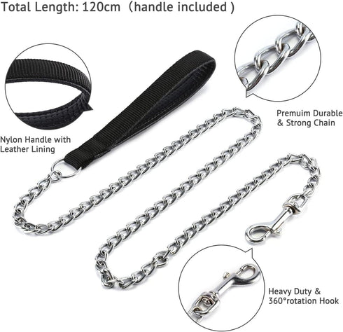 Pettom Heavy Duty Dog Chain Leash, Metal Lead with Padded Handle for Medium Large Dogs (6'/2.0mm Small Chain, Black)