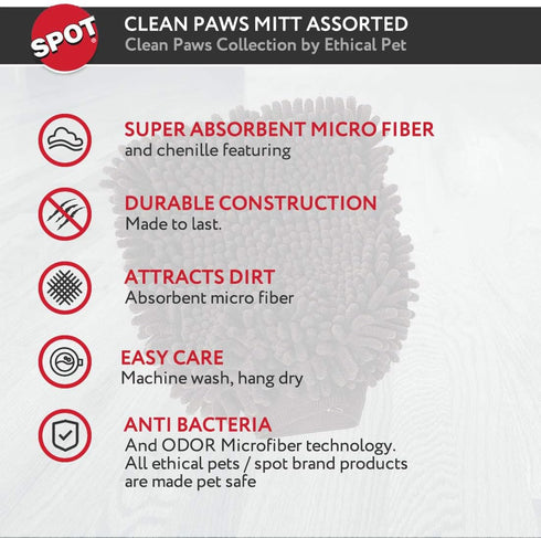 SPOT Clean Paws Chenille Microfiber Dog Towel Mitt - Super Absorbent, Quick-Drying, Washable, 9.5in x 7in, Odor-Free