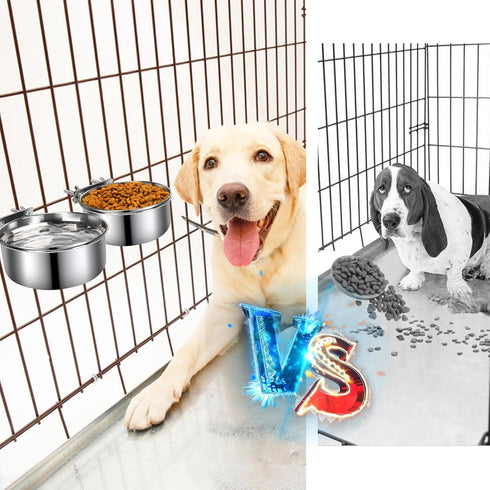 2 Pack Hanging Metal Dog Bowls, No Spill Stainless Steel Dish for Small & Medium Dogs (6.3 * 2.6” & 5.5 * 2.4”)
