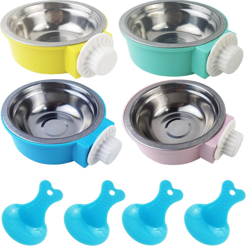 4PCS Crate Dog Bowl: Plastic & Stainless Steel Removable Hanging Food & Water Feeder for Cats and Dogs