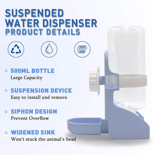 Rabbit Water Bottle Suspension Dispenser for Mini Pet Bunny, Guinea Pig, Chinchilla, 500ml BPA Free (Blue)