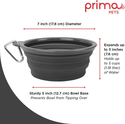 Prima Pets Sale Collapsible Silicone Water Travel Bowl with Clip for Dog and Cat, Portable and Durable Pop-up Feeder for Convenient On-The-go Feeding Size: Large (5 Cups) Grey