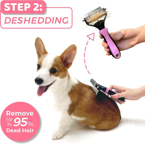 Dog Brush and Cat Brush with Deshedding Tool, Dematting Undercoat Brush for Dogs, Reduces Shedding Up to 95% (Pink