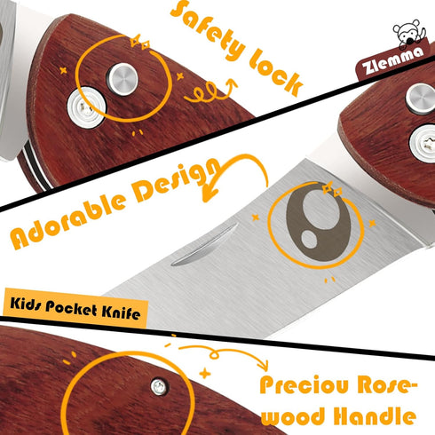 Kids Pocket Folding Knife with Safety Rounded Tip, Japanese Stainless Steel and Rosewood, Children’s First Knife