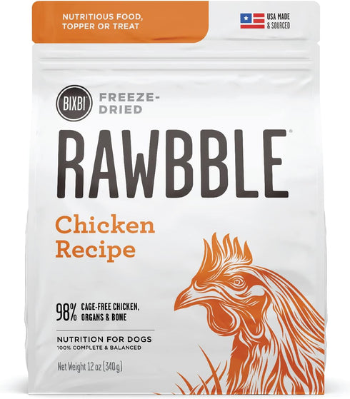BIXBI Rawbble Freeze Dried Dog Food, Chicken Recipe, 12 oz - 98% Meat and Organs, No Fillers - USA Made Raw Food