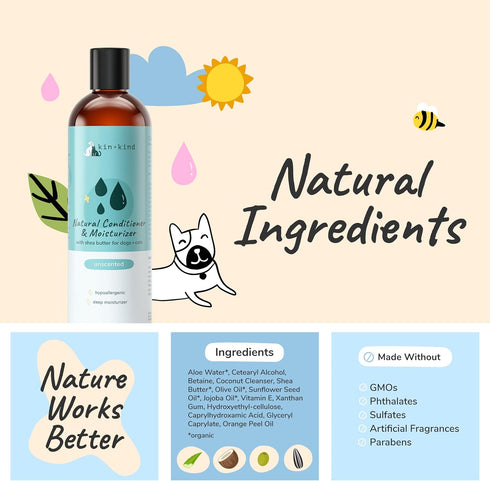 12 oz kin+kind Cat & Dog Conditioner with Shea Butter, Aloe & Betaine All-Natural Pet Supplies to Moisturize, Soften