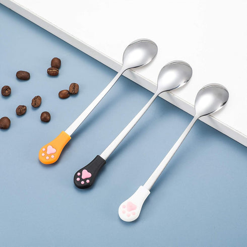 6 Pieces Stainless Steel Pet Food Spoon Set, Cute Cat Claw Silicone Handle (White, Black, Orange)