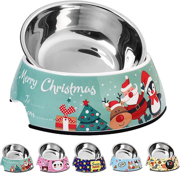 Christmas 2 in 1 Pet Dog Food Water Bowls - Non Slip Heavy Duty for Small Dogs, Puppies, Cats, Kittens - Green